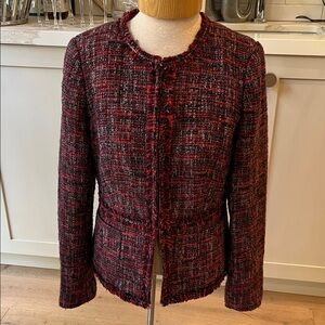 Women's Donna Karan Boucle Tweed Jacket in Red and Black with hook and eye close